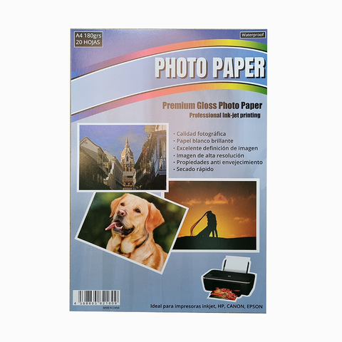 Hoja A4 Inkjet Glossy 180gr x20 (Fotografico) Waterproof