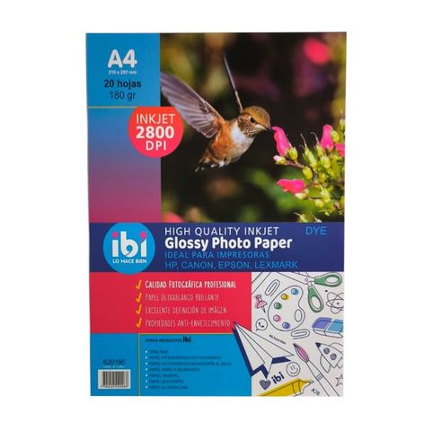 Hoja A4 Inkjet Glossy Ibi 180gr x20 (Fotografico) (620190)