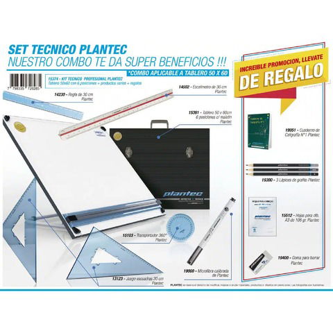 Tablero Plantec Con Maletin y Set Tecnico 50x60 (5374) con Atril + 6 Útiles +6 Regalos