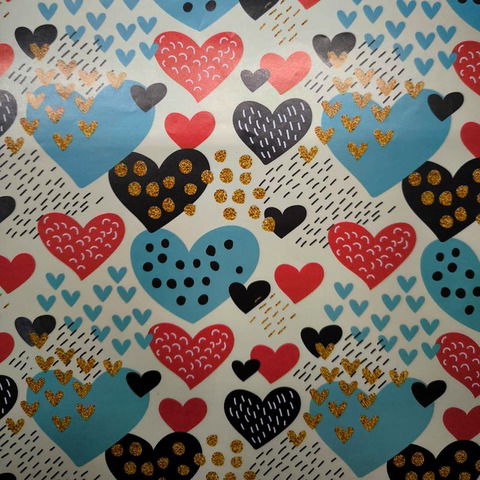 Papel de Regalo Fantasía 70x100 Corazones Celestes, Rojos y Marrones x2 + 2 Moños