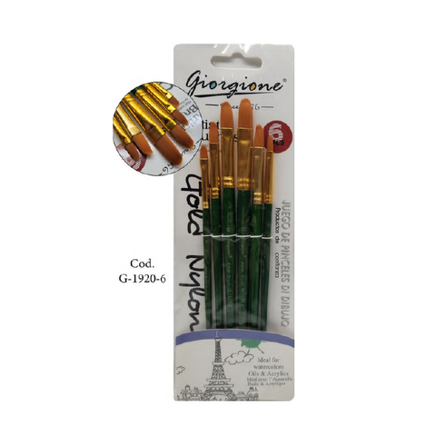 Pack de Pinceles Sintéticos Giorgione Lengua de Gato x6 (G-1920-6) Mango Corto Verde