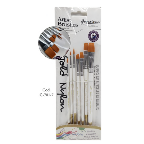 Pack de Pinceles Sintéticos Giorgione Mixtos x7 (G-701-7) Mango Corto Blanco