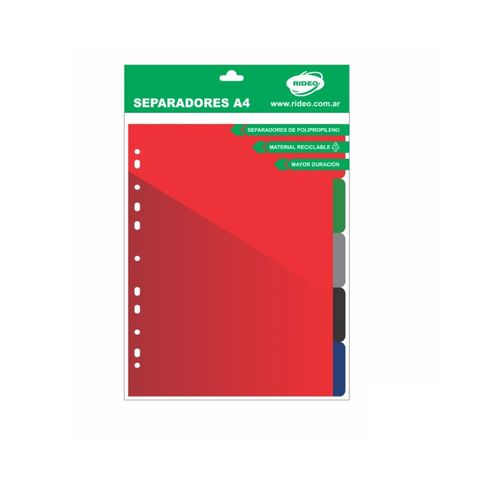 Separadores A4 Rideo Plástico Rigido Matt Clasicos C/Sobre (2004/4) x5