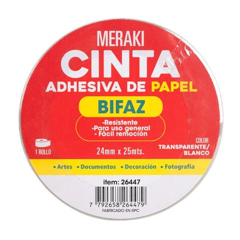Cinta Adh. Bifaz de Papel Meraki 24mmx25Mts (18.29Mts) (26447)