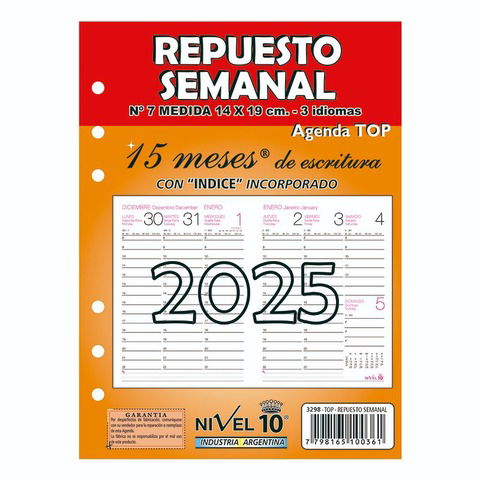 Repuesto Agenda 2025 Nivel 10 N° 7 Semanal Con Indice (Top-3298)