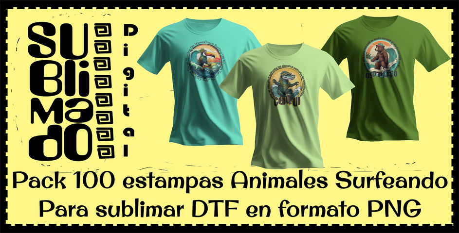 Pack 100 estampas animales surfeando Sublimado DTF 