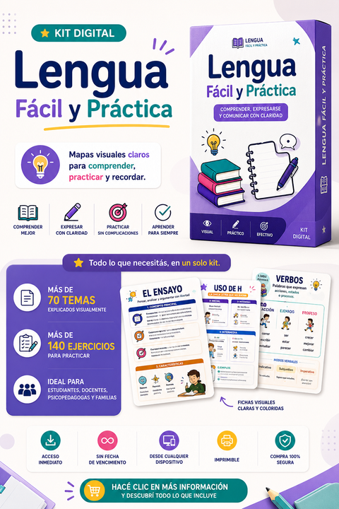 Método Lengua Fácil y Práctica Más de 70 mapas visuales y 150 actividades para comprender Lengua paso a paso desde primaria hasta el ingreso universitario.