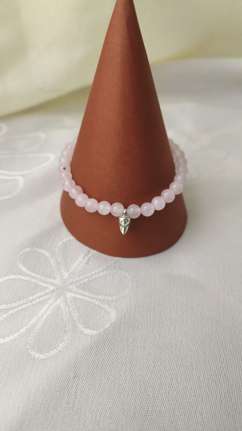 PULSERA EN PIEDRA NATURAL CUARZO ROSA  Y DIJE ELEFANTE