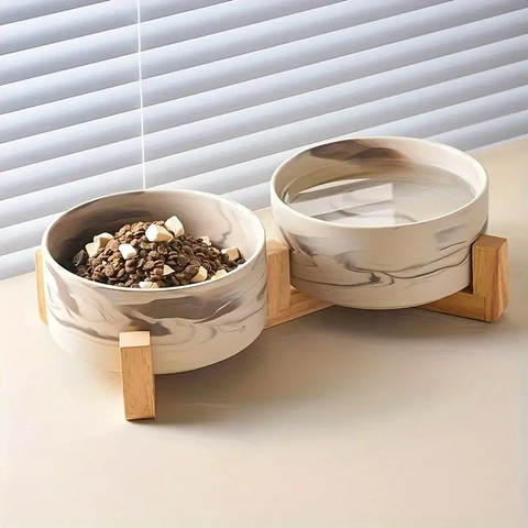 Comedero Doble con Soporte de Madera