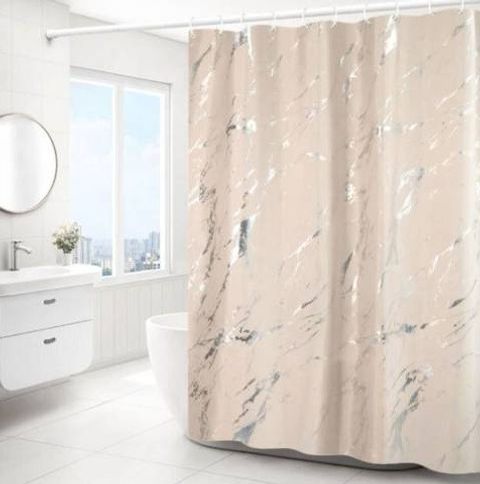 Cortina de tela crema para ducha diseño mármol 