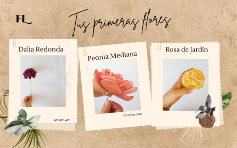 Tus primeras flores: dalia redonda, peonias mediana y una rosa de jardín con técnica de vela