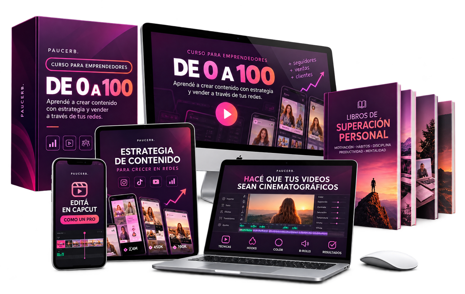 Todo lo que incluye el curso De 0 a 100: clases de estrategia, edición en CapCut desde el celular y la PC, guías en PDF y bonus