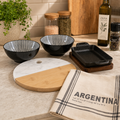 Combo Para la Picada | Cuencos, Tabla Mármol y Bamboo, Provoletera de Fundición y Repasador