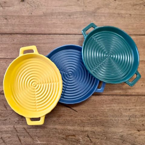 Set de 3 fuentes de cerámica redonda para horno y microondas con asas  |verde, azul y amarillo