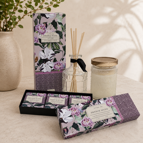 Combo aromatizador Tintha Spa French Myth: difusor 200 ml + vela en frasco de vidrio + 3 jabones vegetales