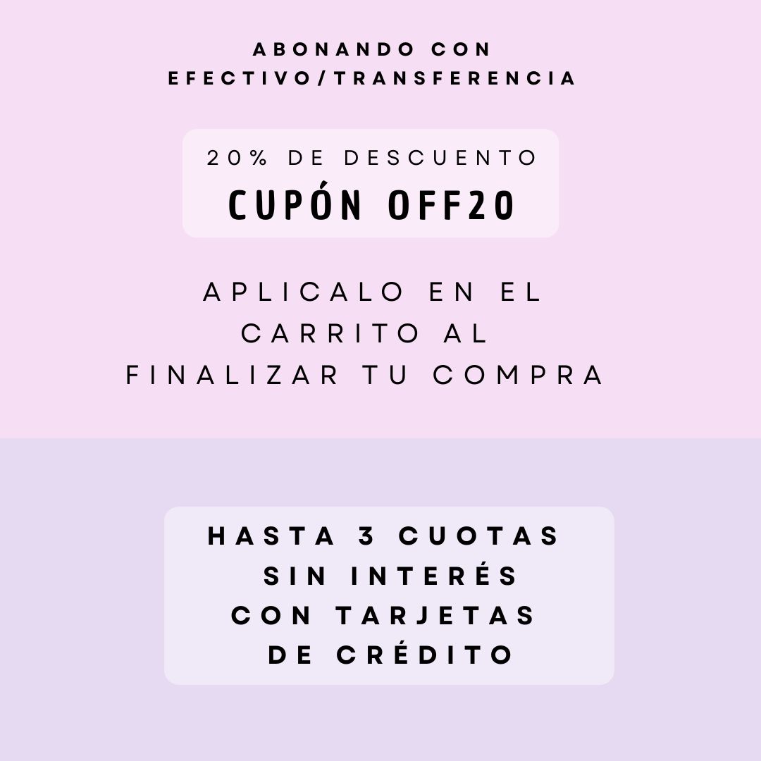 medios de pago descuento del 20 por ciento abonando en efectivo cupón de descuento tres cuotas sin interés con tarjetas de crédito