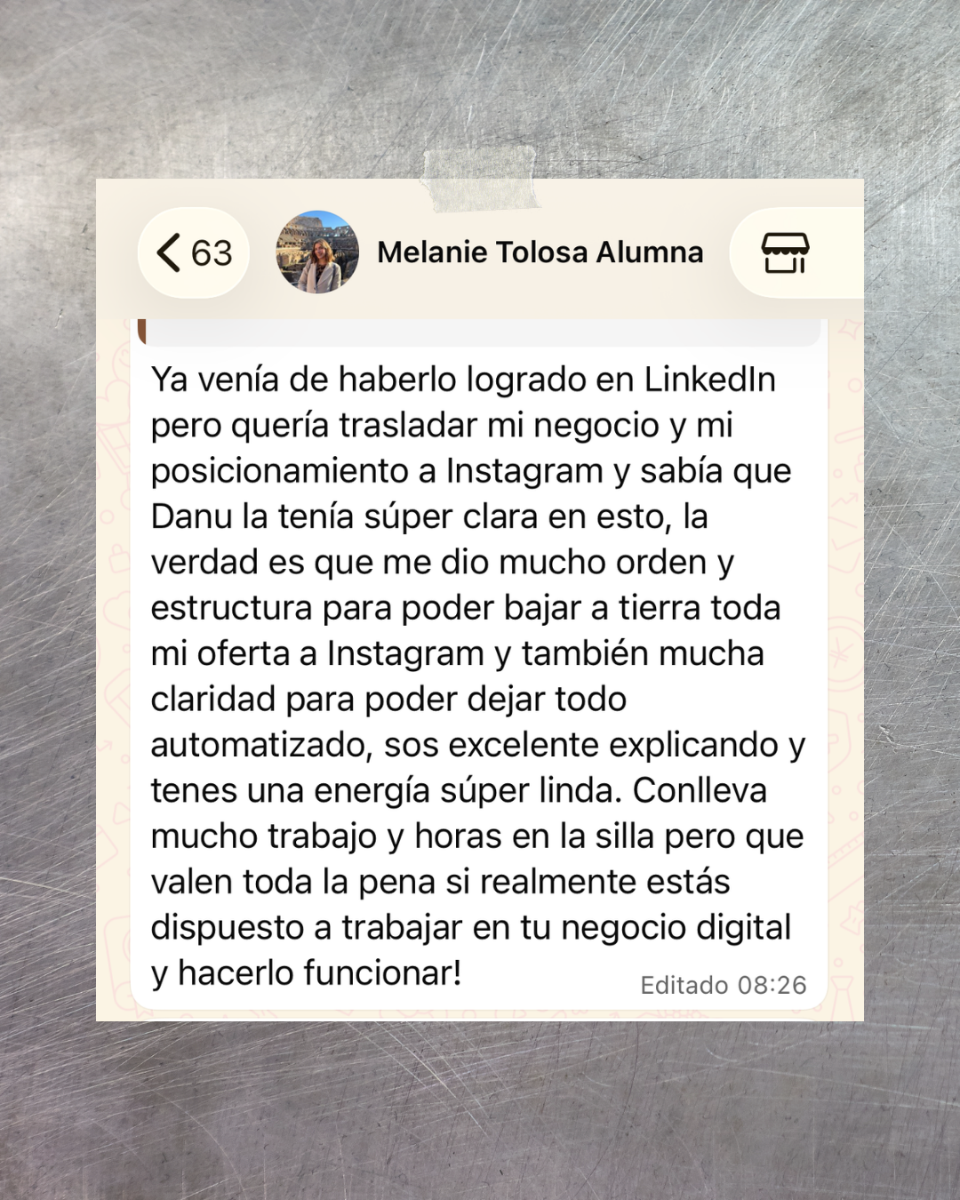 Testimonio de Melanie Tolosa, marketing y marca.