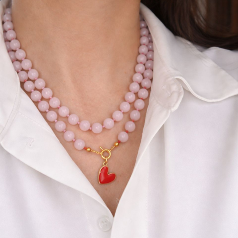 Collar cuarzo rosa corazón doble 
