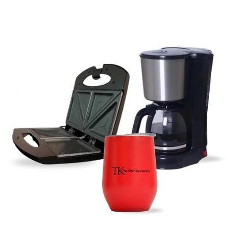 Combo Sandwichera Tostadora + Cafetera + Vaso Acero Inoxidable c/Tapa