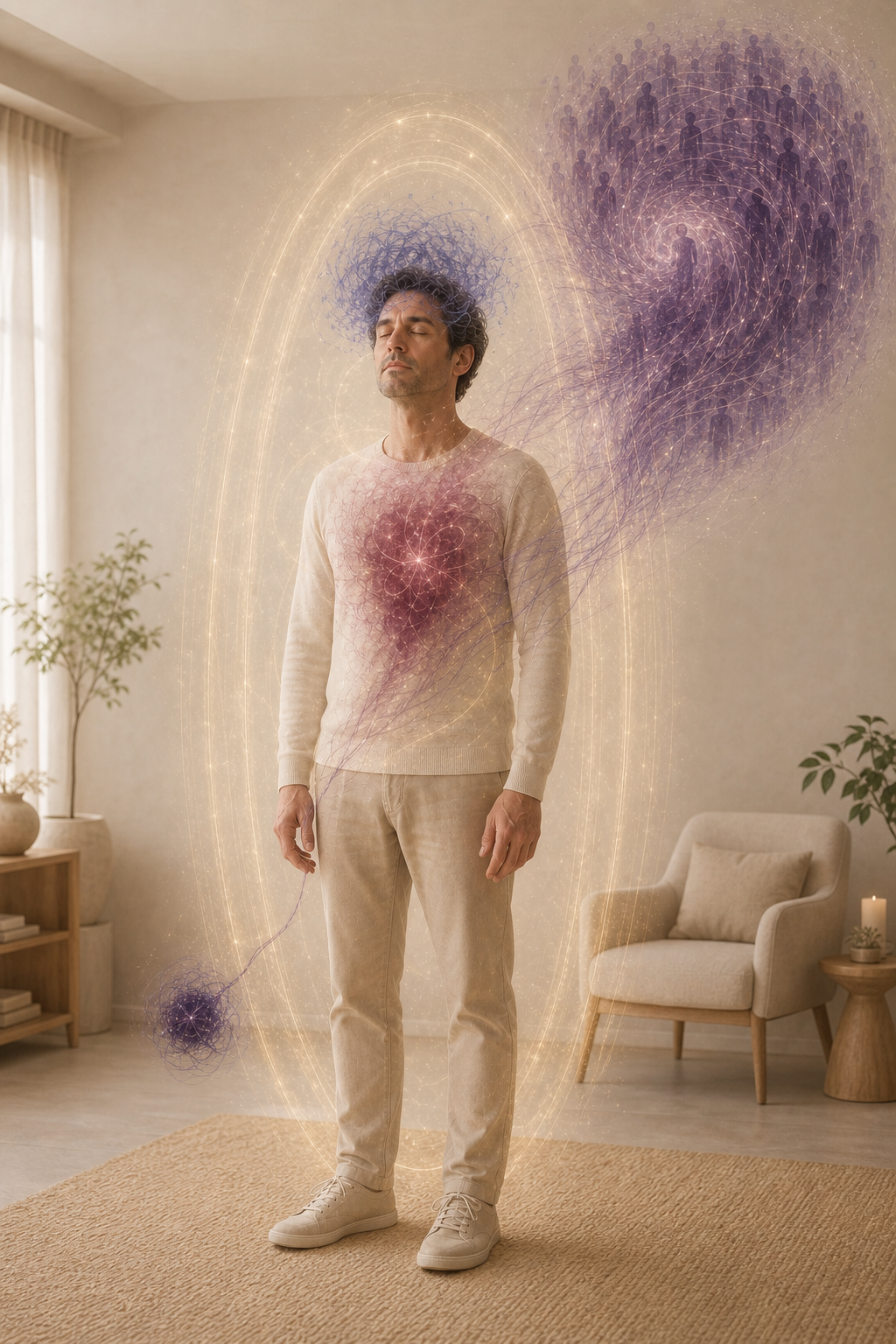 Hombre de cuerpo completo dentro de su campo energético, con miasma mental, miasma emocional, egregore y parásito energético representados de forma amable