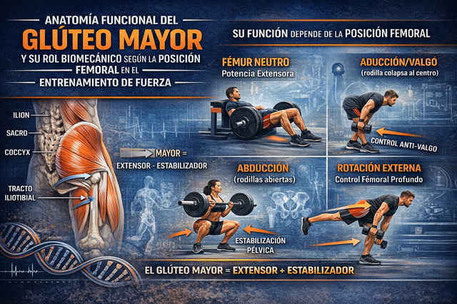 Anatomía funcional del glúteo mayor y su rol biomecánico según la posición femoral en el entrenamiento de fuerza