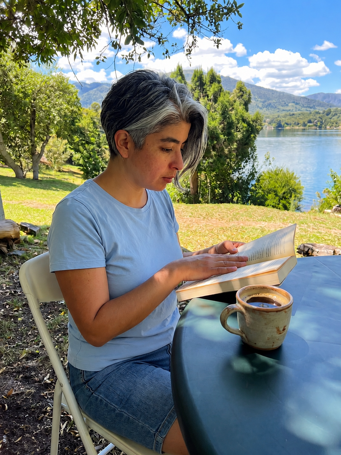 Cani Jáuregui leyendo junto al lago