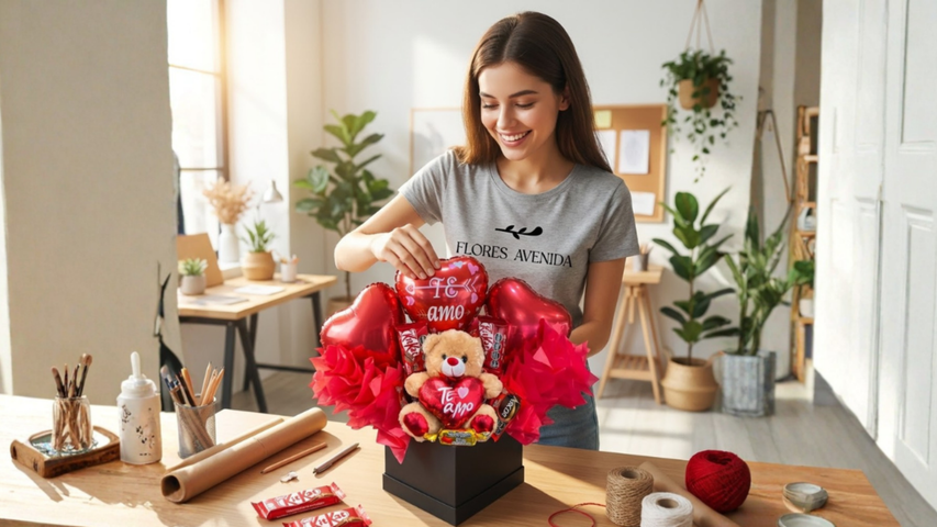 Box Peluche Oso Te Amo Globos y Chocolates