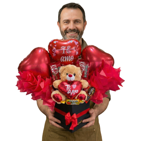 Box Peluche Oso Te Amo Globos y Chocolates