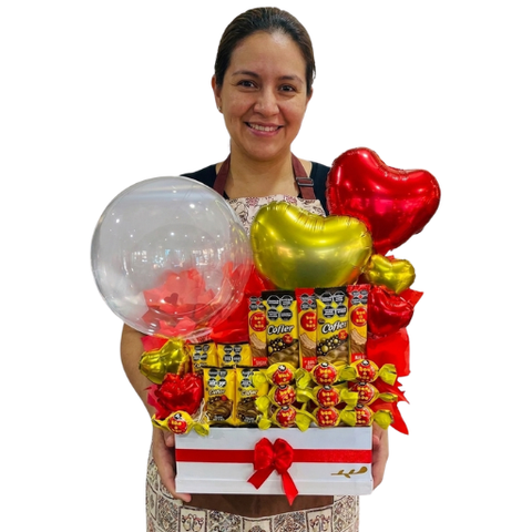 Box con globos y chocolates Bon o Bon