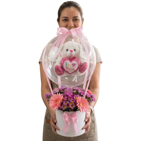 Caja Pote con Flores de Estacion y Globo Burbuja con Peluche