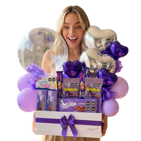 Box con Chocolates y Globos Violet