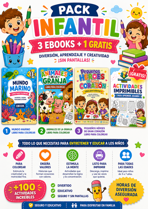 Pack de 3+1 Ebooks Infantiles Imprimibles | Colorear, Juegos y Actividades Educativas