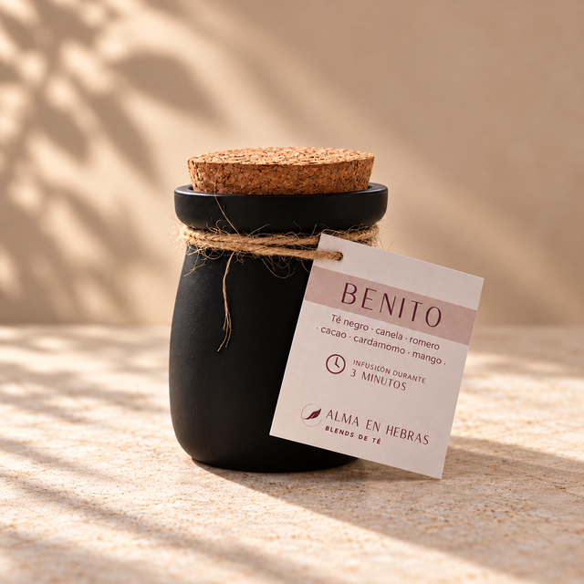 Frasco negro de BENITO con tapa de corcho y etiqueta colgante