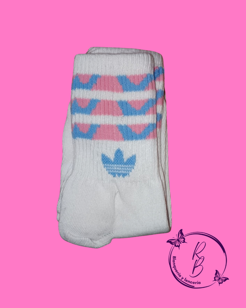 Medias 3/4 Adidas Blancas con Lineas en Rosa y Celeste