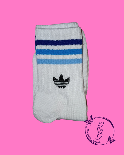 Medias 3/4 Adidas Blancas con Lineas en Tonos Azules 