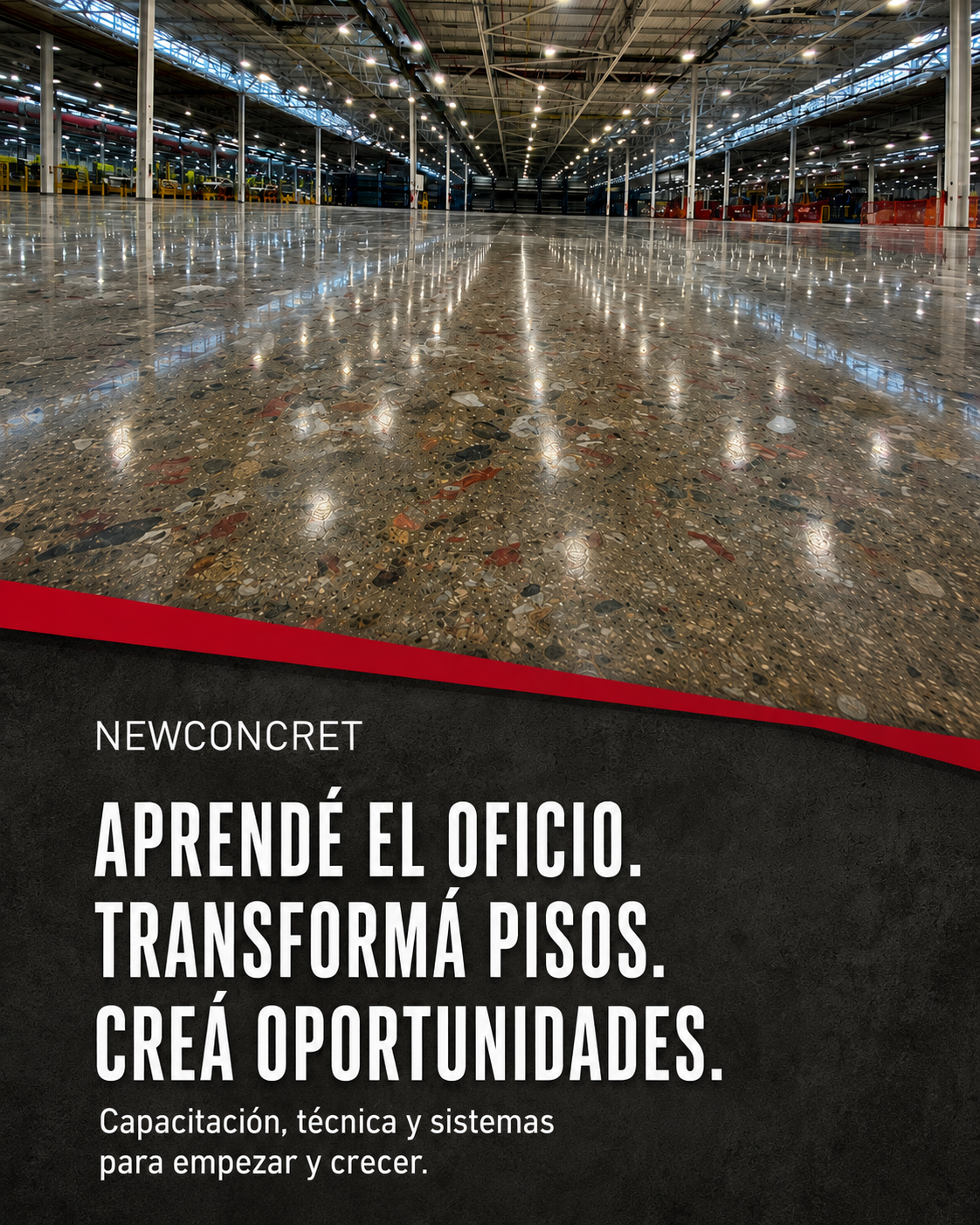 Capacitación online NewConcret para aprender técnicas y sistemas de pulido, reparación y tratamiento de pisos de hormigón.