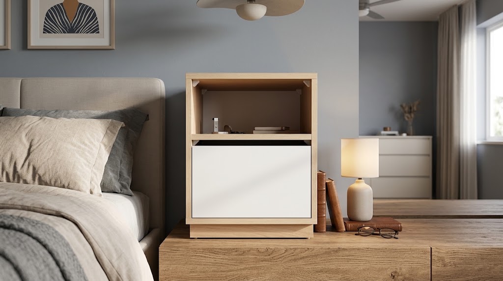 Mesita de luz de melamina en un dormitorio