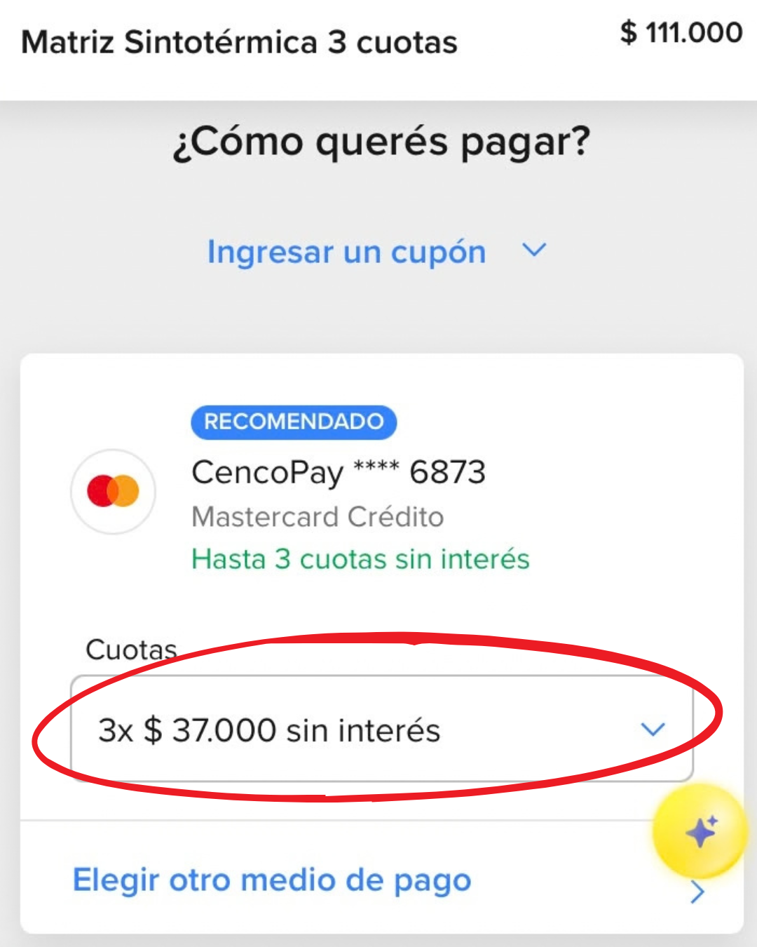 Pantalla de Mercado Pago con la opción 3x $37.000 sin interés marcada